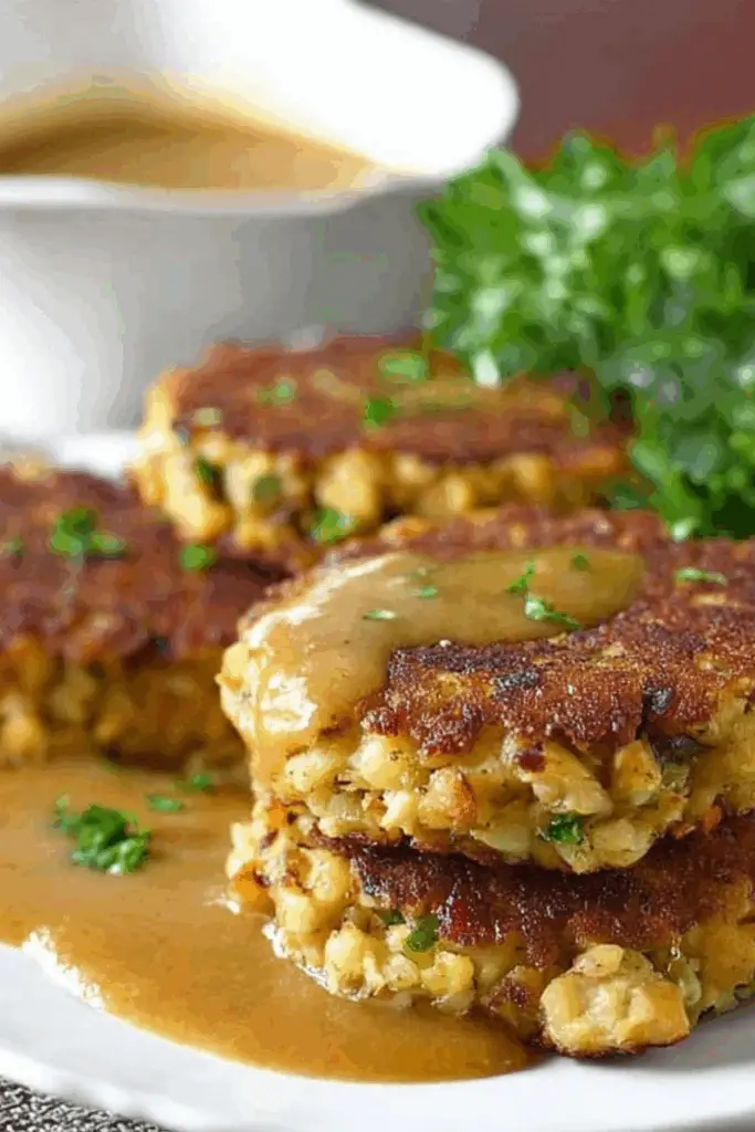 crispy leftover stuffing cakes served with gravy