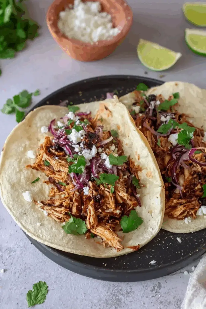 Leftover Turkey Tacos on flour tortillas with toppings