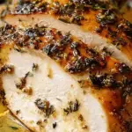 Lemon Garlic Roasted Turkey Breast with herbs and lemon slices