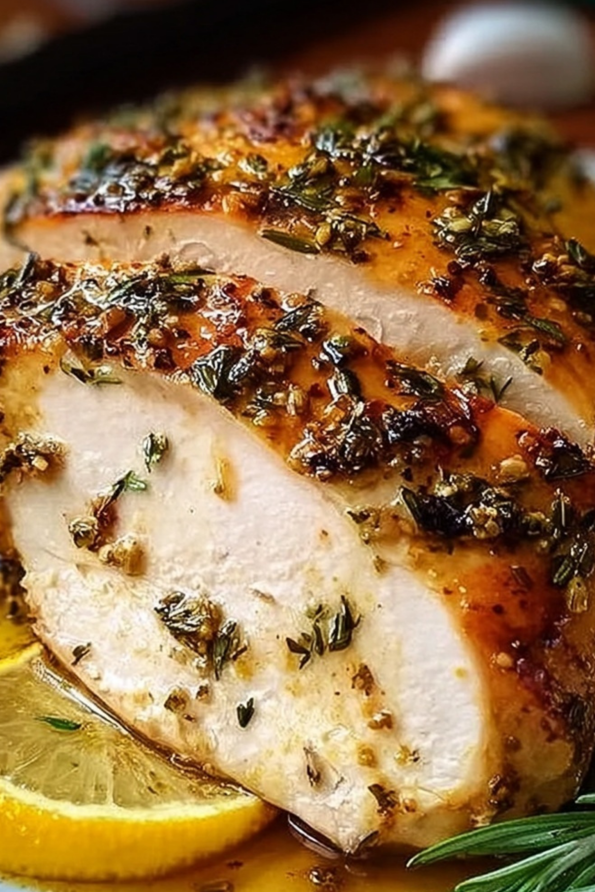 Lemon Garlic Roasted Turkey Breast with herbs and lemon slices