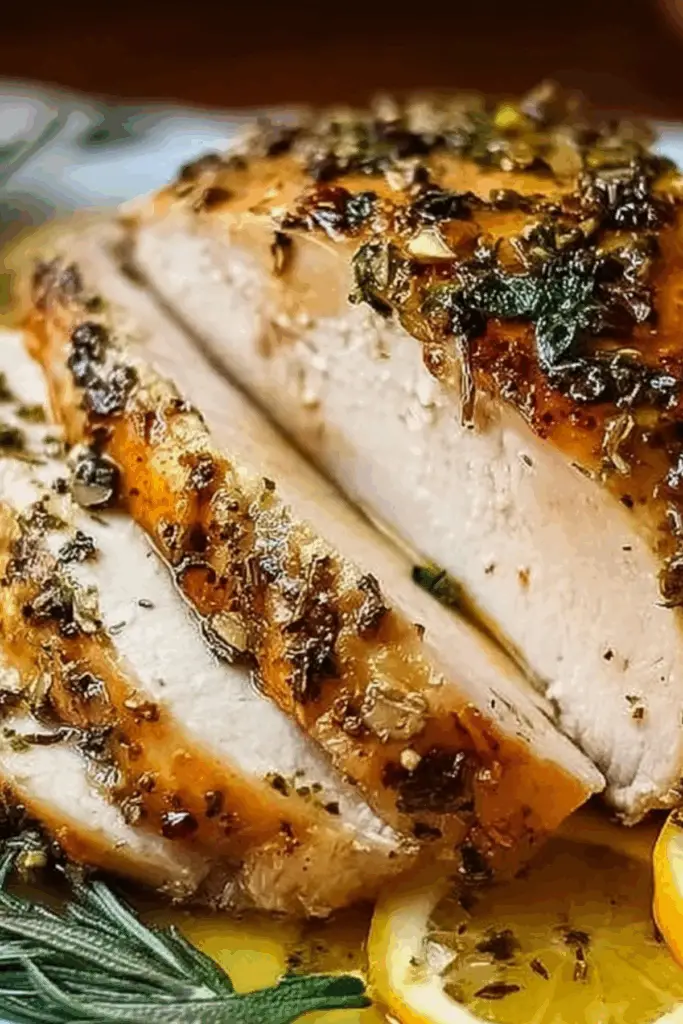 Lemon Garlic Roasted Turkey Breast with herbs and lemon slices