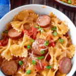 One Pot Cheesy Smoked Sausage Pasta in a skillet