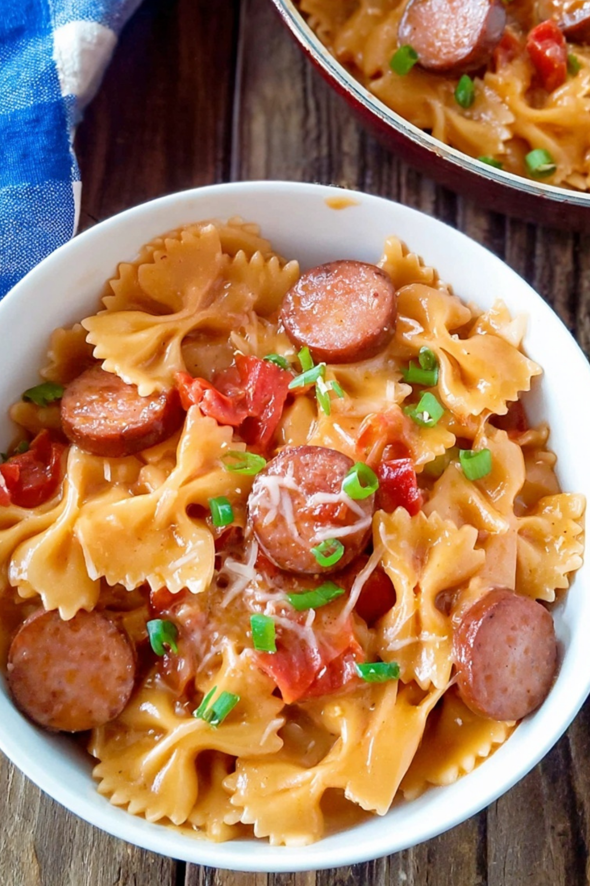 One Pot Cheesy Smoked Sausage Pasta in a skillet