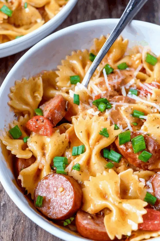 One Pot Cheesy Smoked Sausage Pasta in a skillet