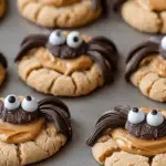 Peanut butter spider cookies with Reese's and candy eyes on Halloween platter