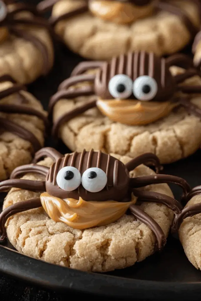 Peanut butter spider cookies with Reese's and candy eyes on Halloween platter