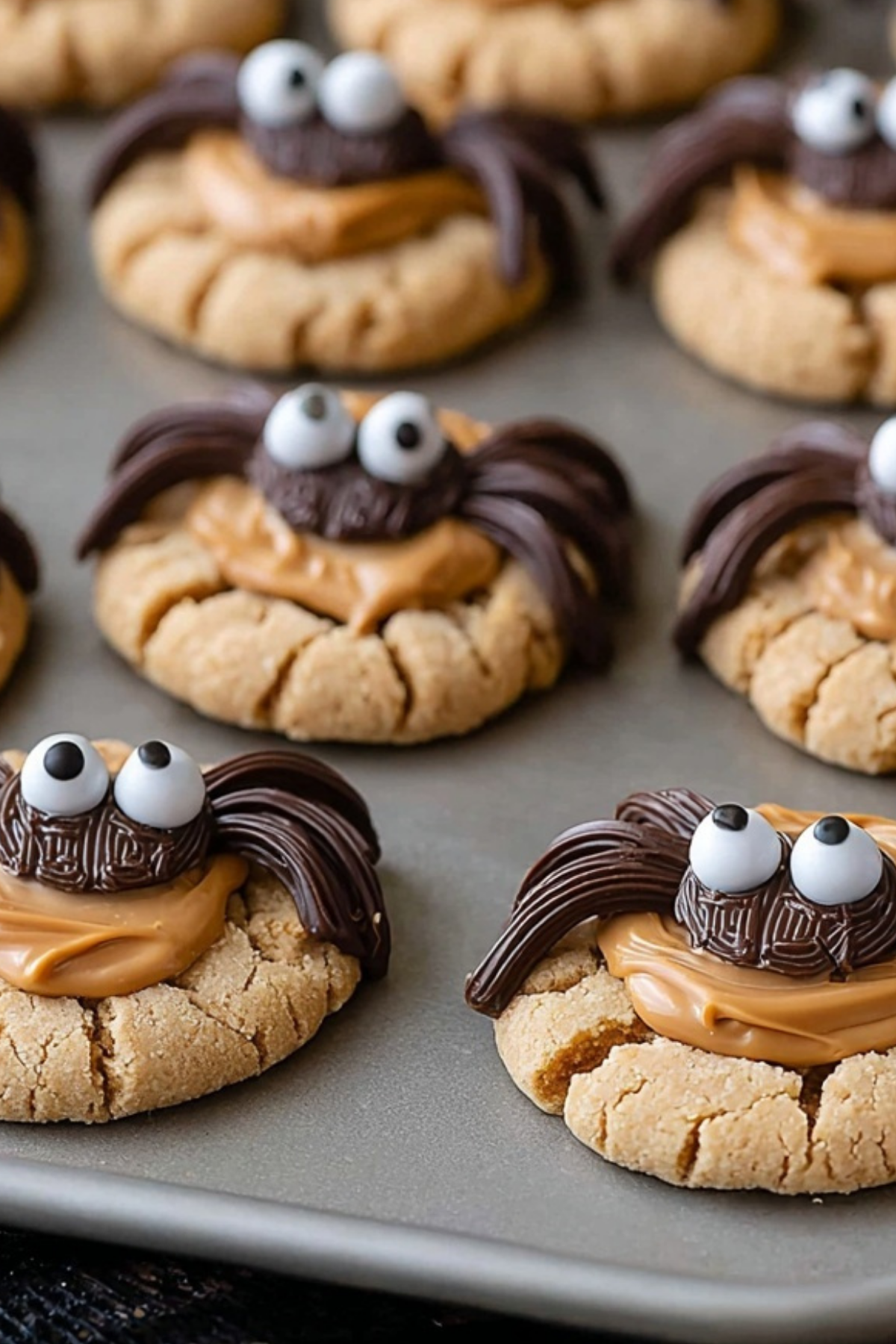 Peanut butter spider cookies with Reese's and candy eyes on Halloween platter