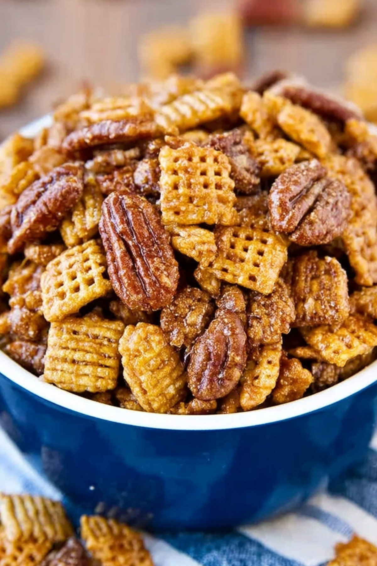 Praline Crunch Crispix Pecan recipe with pecans and crispy cereal