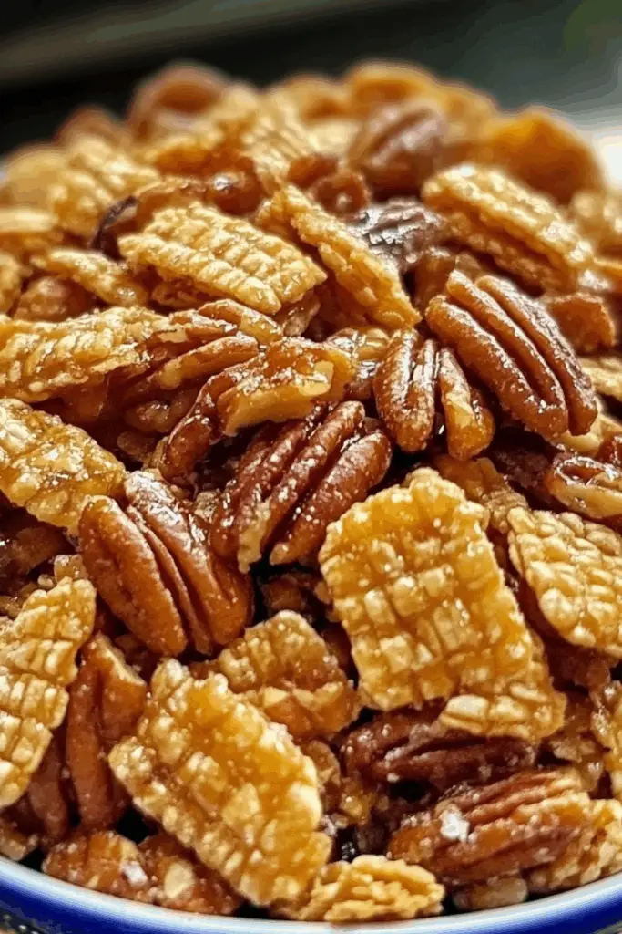 Praline Crunch Crispix Pecan recipe with pecans and crispy cereal