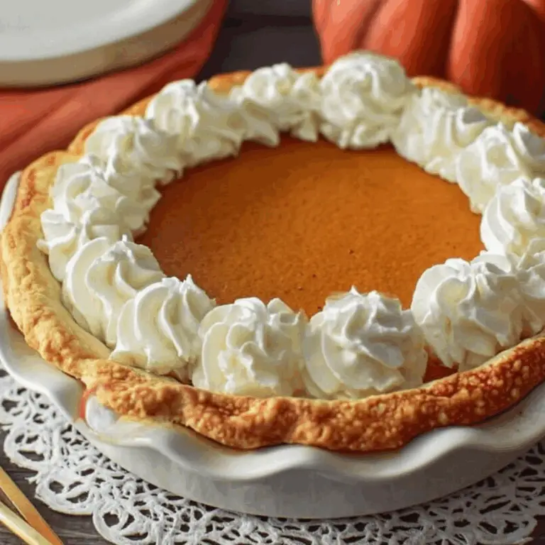 Creamy pumpkin pie with whipped cream in buttery crust