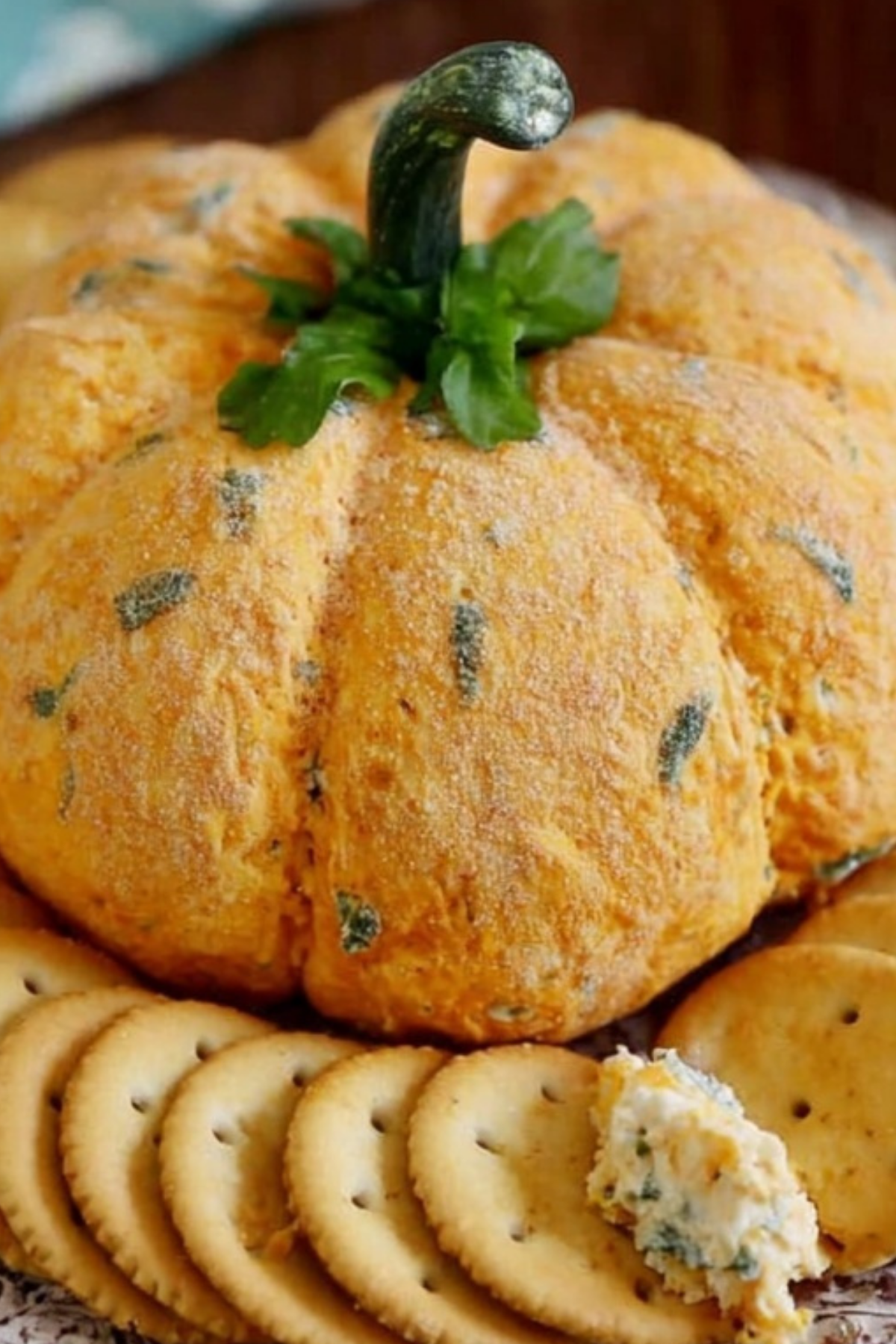 Pumpkin-Shaped Cheeseball ready to serve for a fall gathering