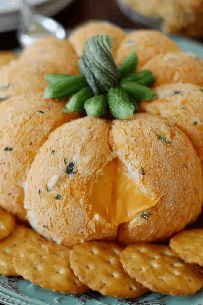 Pumpkin-Shaped Cheeseball ready to serve for a fall gathering