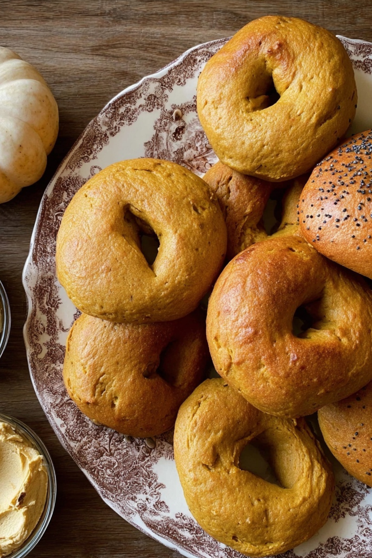 pumpkin sourdough bagels with pumpkin spice cream cheese
