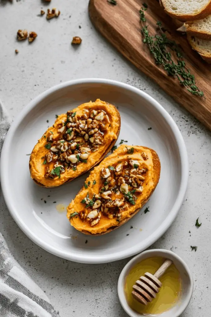 Pumpkin Whipped Feta Dip served with walnuts and thyme