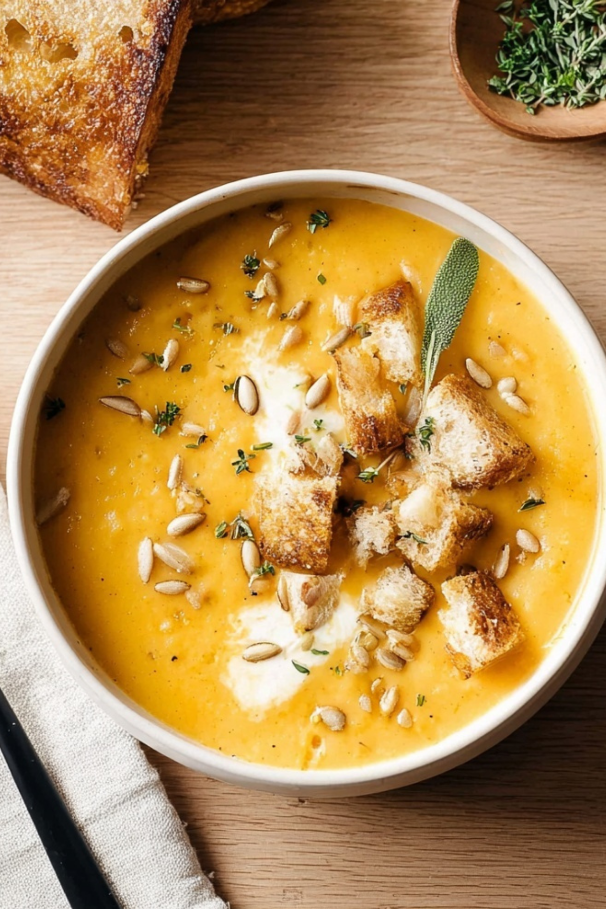 Roasted Butternut Squash Soup served with sourdough croutons