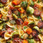 sausage veggies pasta with roasted butternut squash and Brussels sprouts