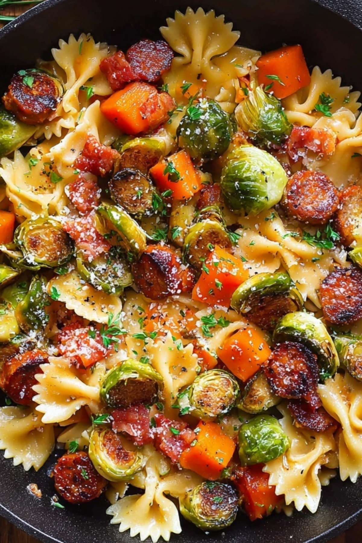 sausage veggies pasta with roasted butternut squash and Brussels sprouts