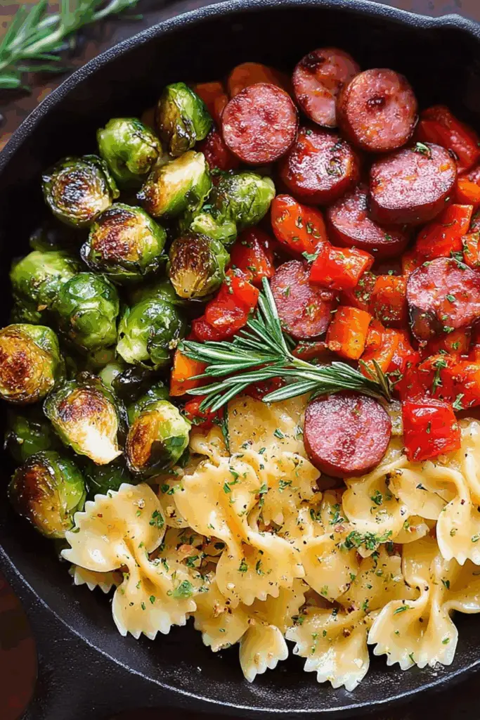 sausage veggies pasta with roasted butternut squash and Brussels sprouts
