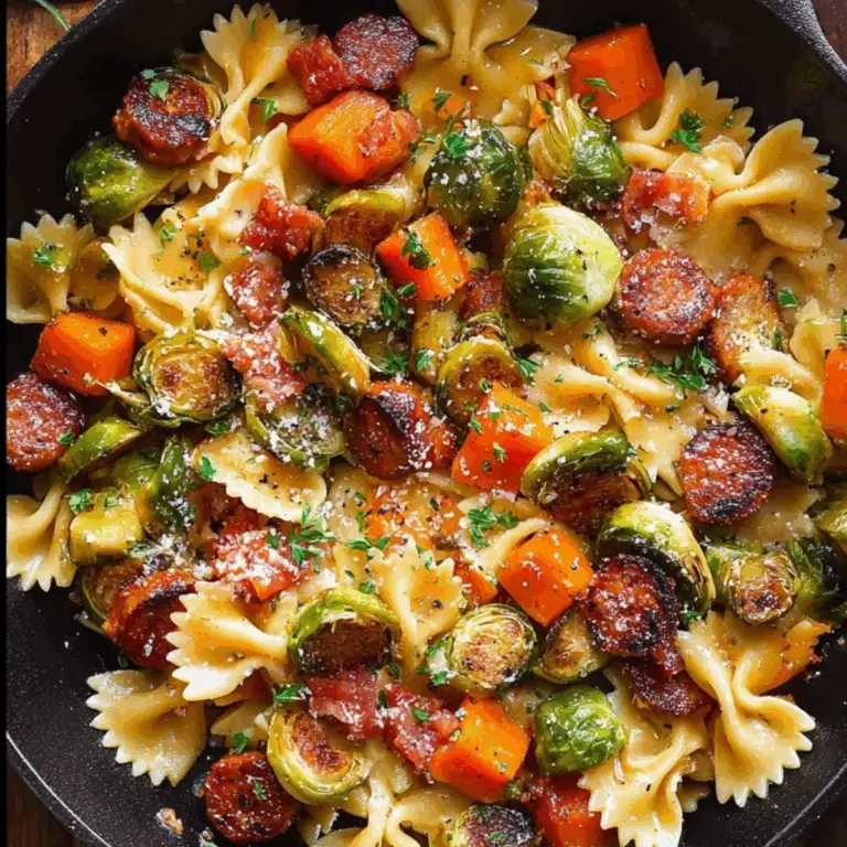 sausage veggies pasta with roasted butternut squash and Brussels sprouts