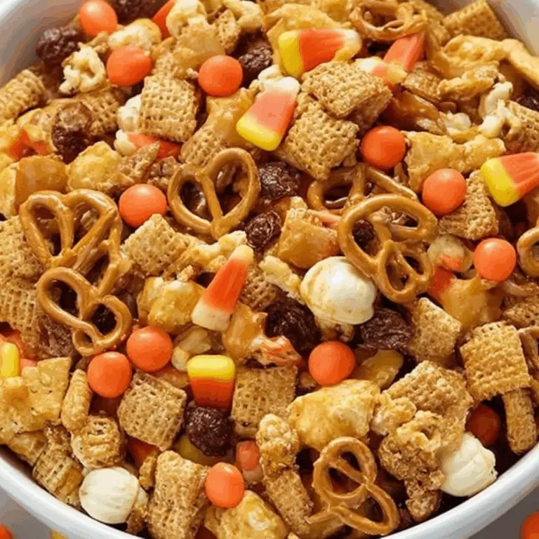 Scarecrow Crunch Snack Mix with caramel corn, pretzels, and candy pumpkins