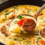 Slow Cooker Cajun Potato Soup served with sausage, potatoes, and creamy broth