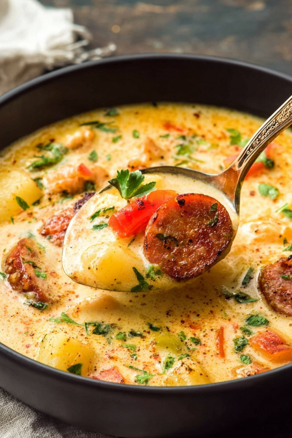 Slow Cooker Cajun Potato Soup served with sausage, potatoes, and creamy broth