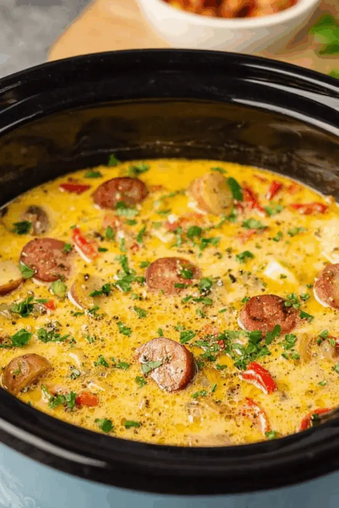 Slow Cooker Cajun Potato Soup served with sausage, potatoes, and creamy broth