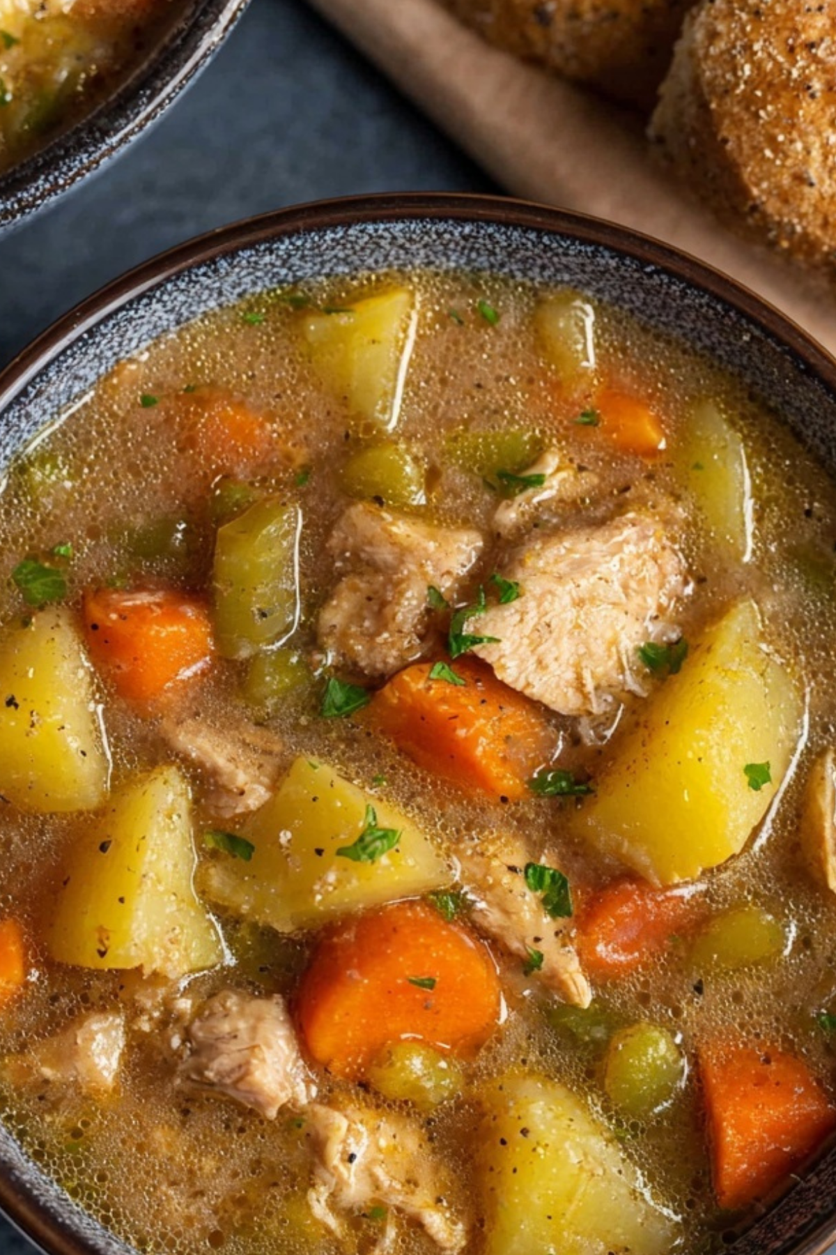 Slow Cooker Chicken Stew in a bowl with vegetables and chicken