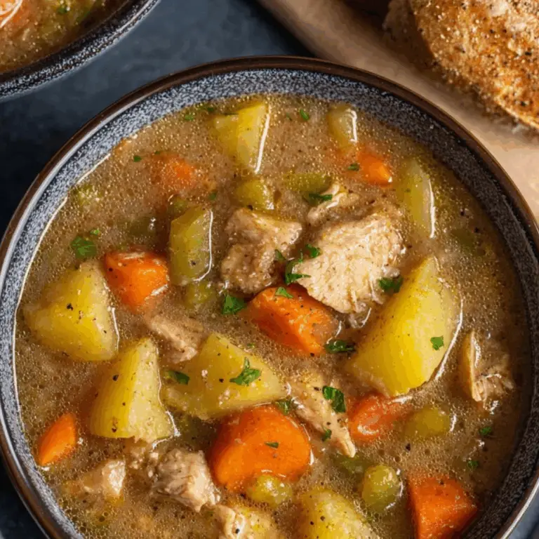 Slow Cooker Chicken Stew in a bowl with vegetables and chicken
