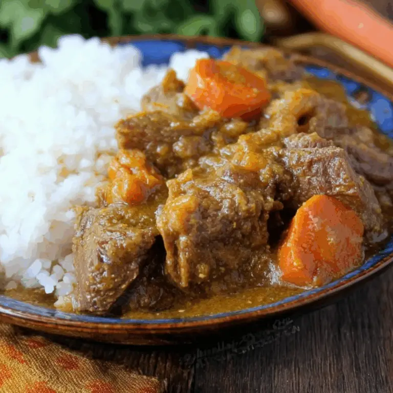 Slow cooker coconut curry beef stew in a bowl with rice