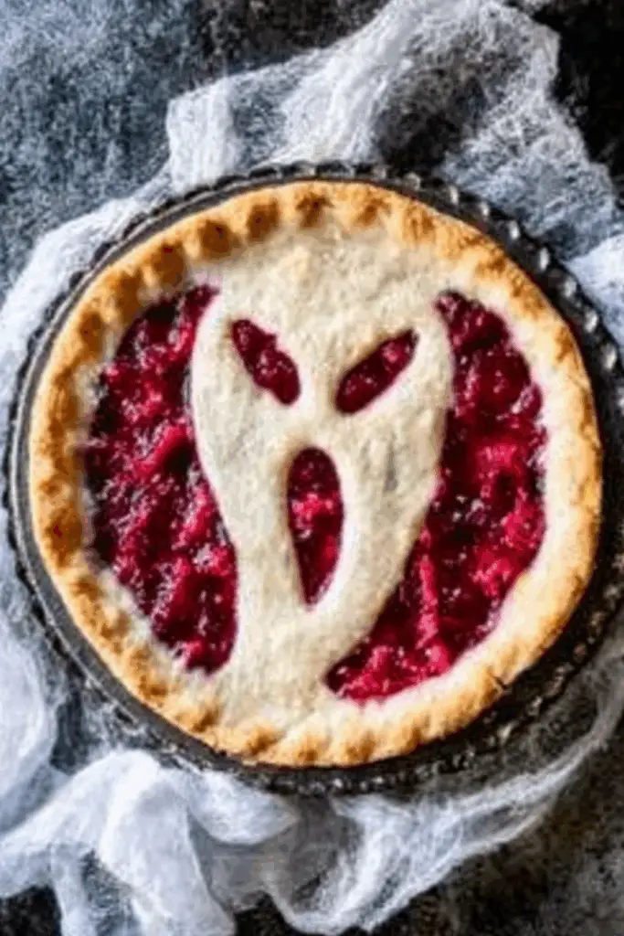 Spooky Halloween Scream Raspberry Pie with a spooky face design