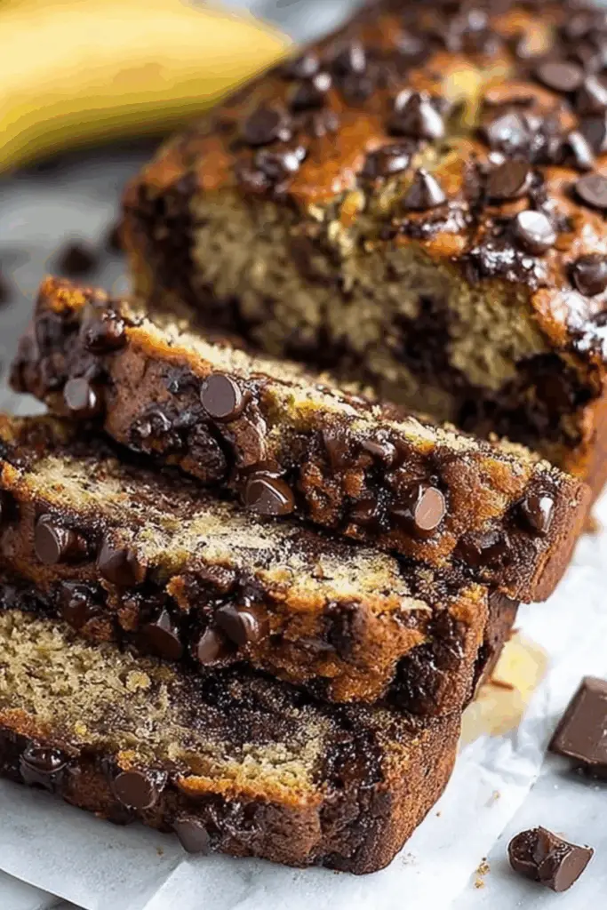 Super Moist Chocolate Chip Banana Bread with chocolate chips and a soft, tender crumb