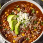 Taco Soup Recipe with beans, ground beef, and taco seasoning