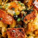 Thanksgiving stuffing with crispy edges and buttery bread