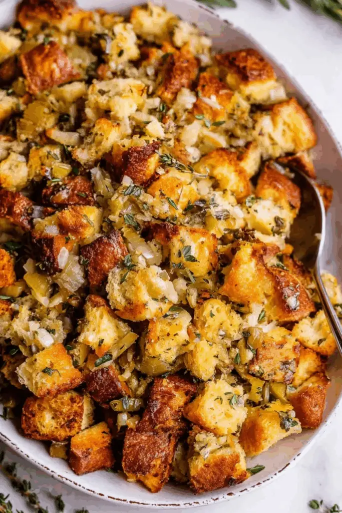 Thanksgiving stuffing with crispy edges and buttery bread
