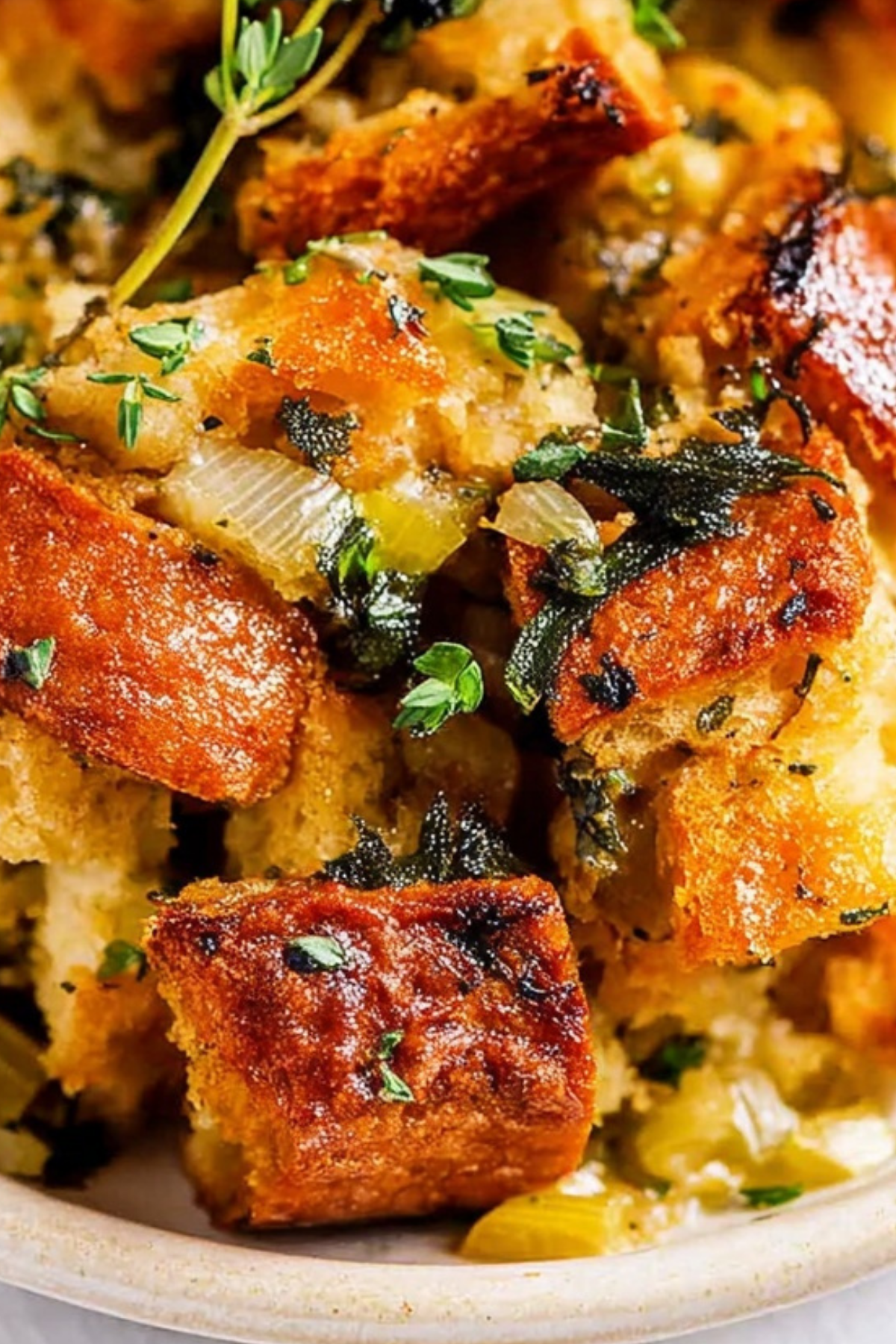 Thanksgiving stuffing with crispy edges and buttery bread