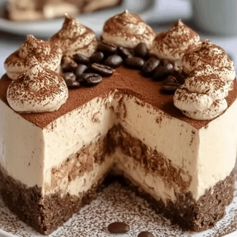 Tiramisu Cold Brew Coffee Cheesecake slice on plate with cocoa dusting
