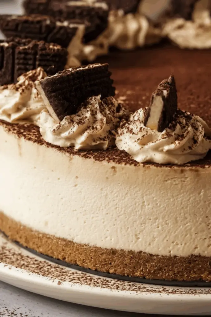 Tiramisu Cold Brew Coffee Cheesecake slice on plate with cocoa dusting