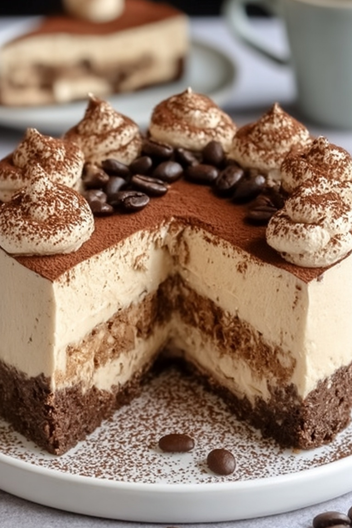 Tiramisu Cold Brew Coffee Cheesecake slice on plate with cocoa dusting