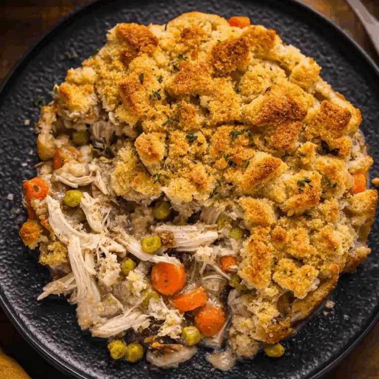 Turkey Pot Pie with Stuffing Crust served in skillet