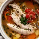 Creamy Tuscan Chicken Soup with vegetables and chicken in a bowl