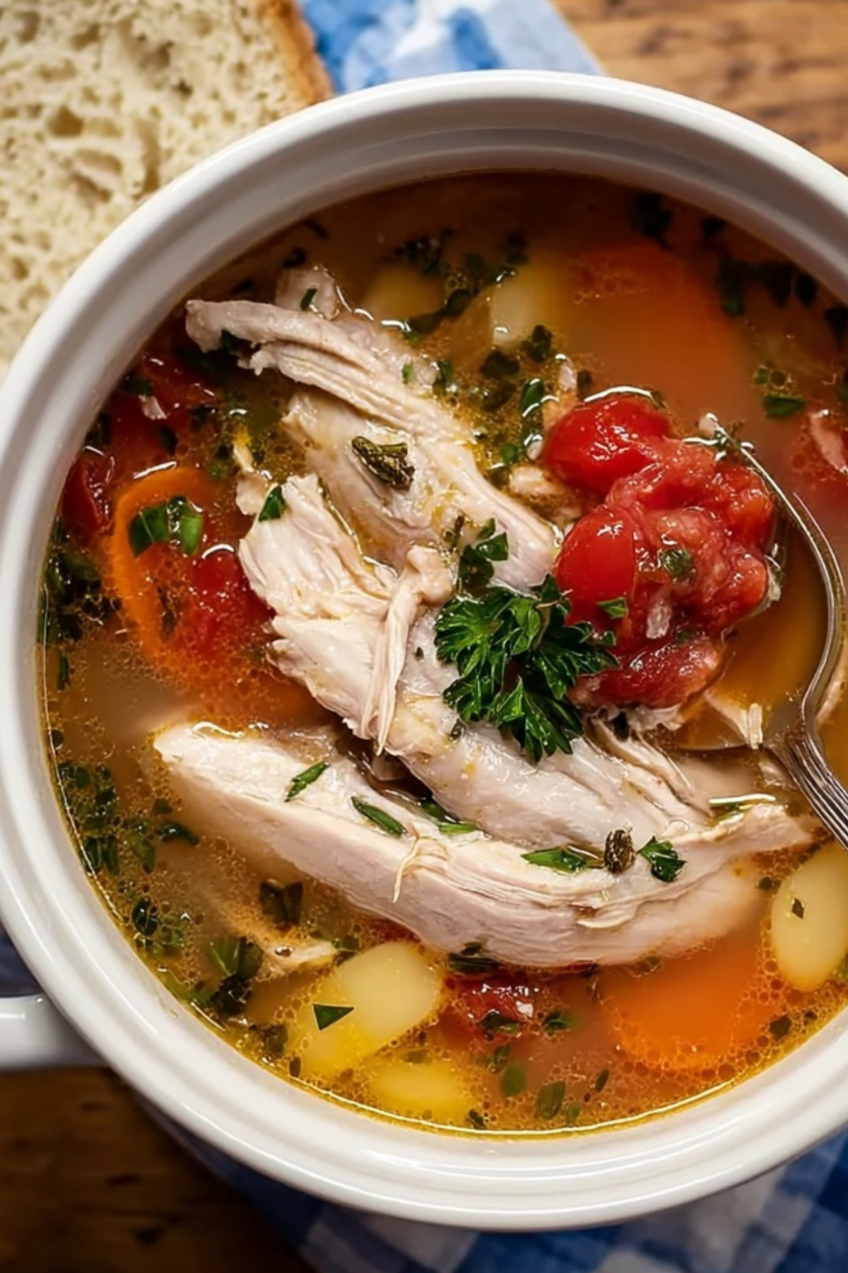 Creamy Tuscan Chicken Soup with vegetables and chicken in a bowl