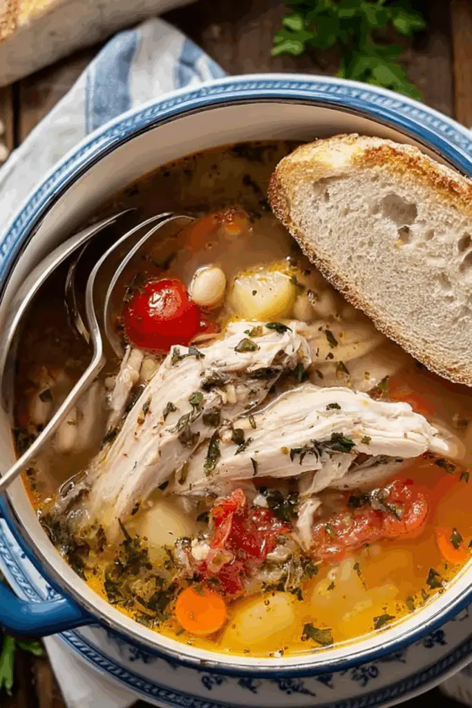 Creamy Tuscan Chicken Soup with vegetables and chicken in a bowl