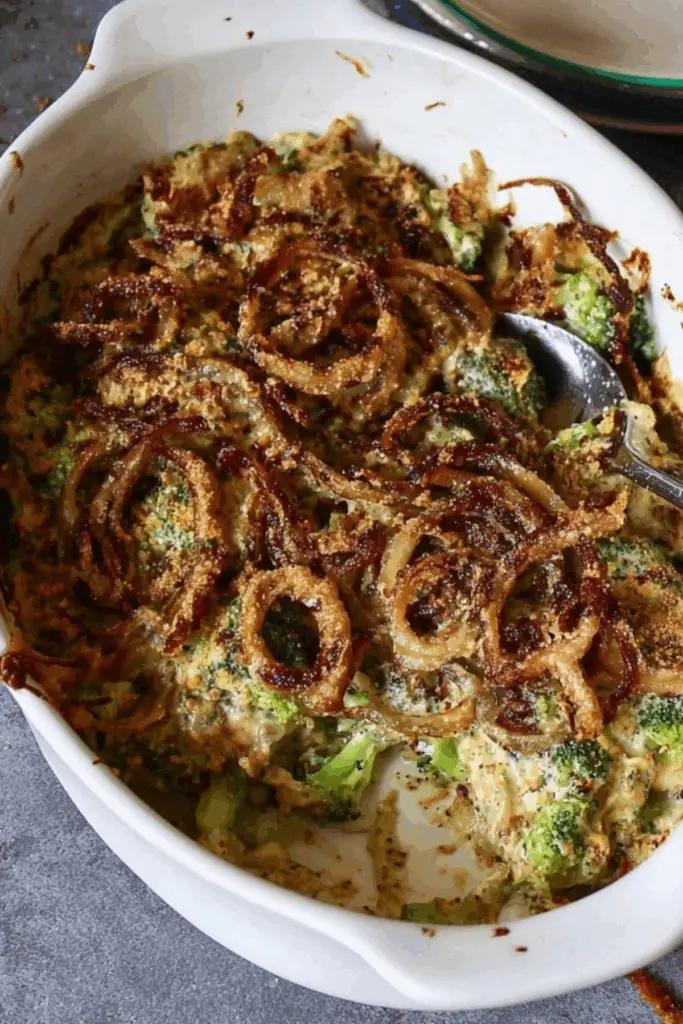 Vegan Broccoli Casserole topped with crispy onions and baked to perfection