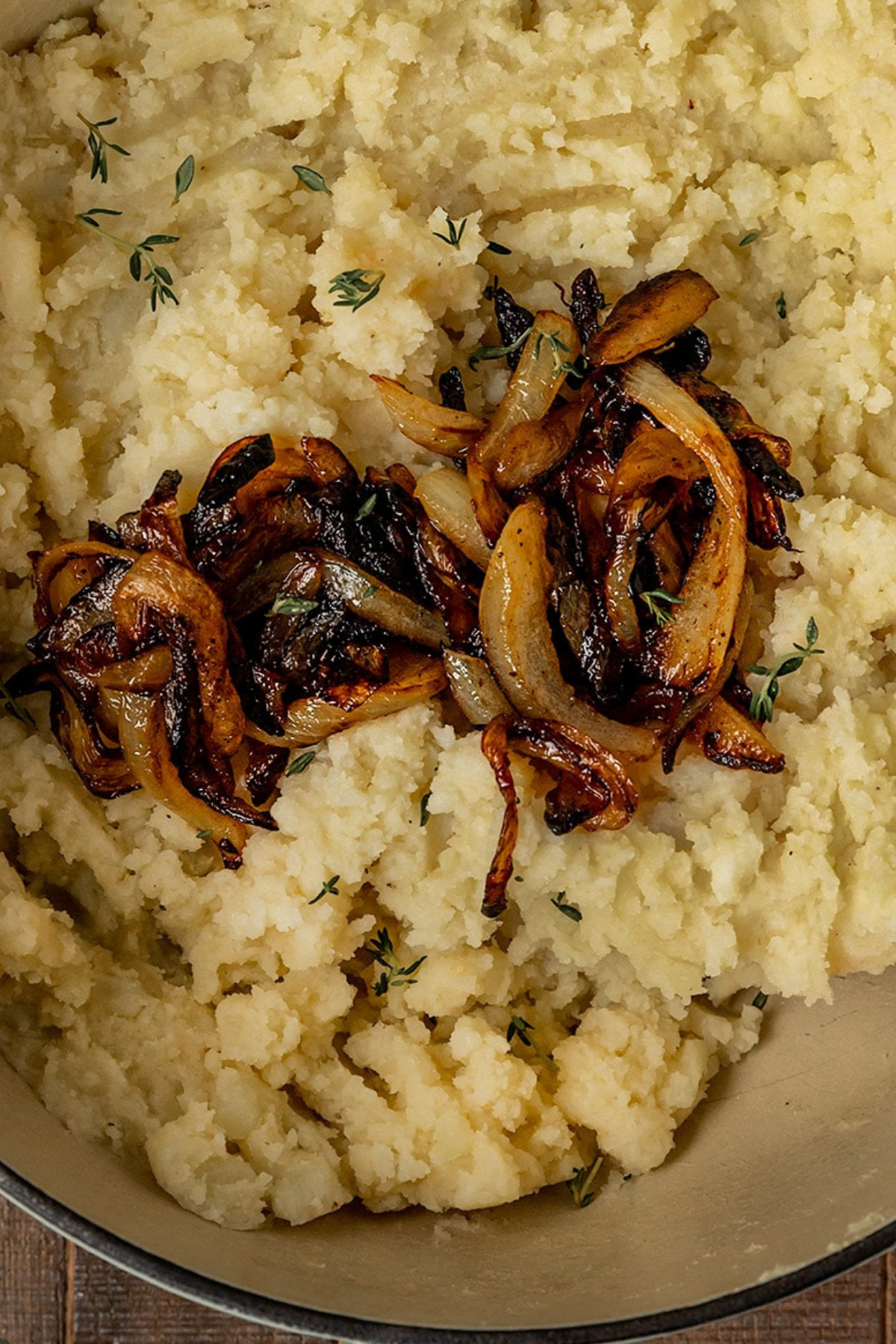 Vegan Caramelized Onion Mashed Potatoes with vegan butter and fresh thyme