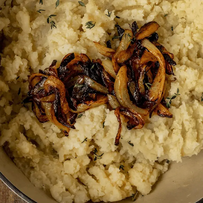 Vegan Caramelized Onion Mashed Potatoes with vegan butter and fresh thyme