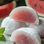 Watermelon Mochi served on a plate, chewy Japanese dessert