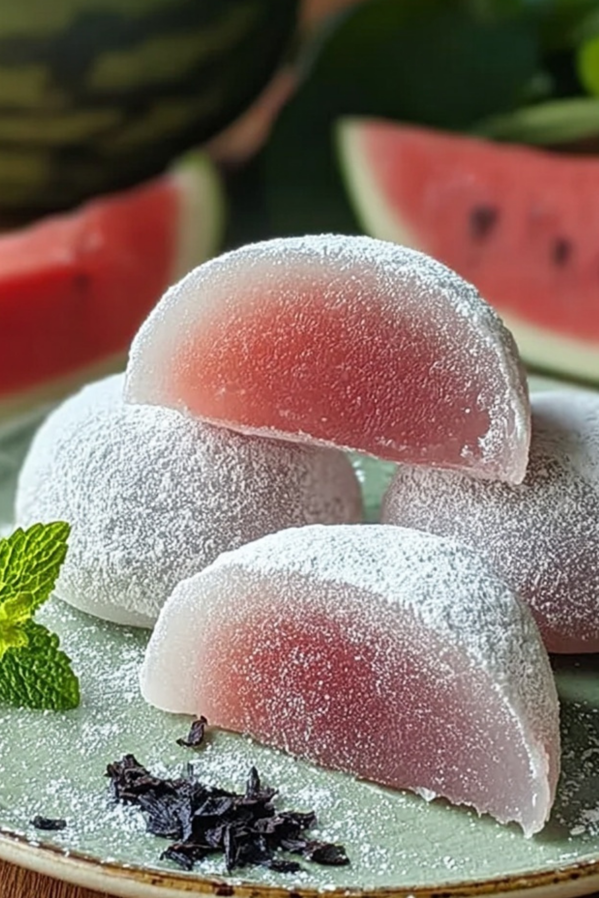 Watermelon Mochi served on a plate, chewy Japanese dessert