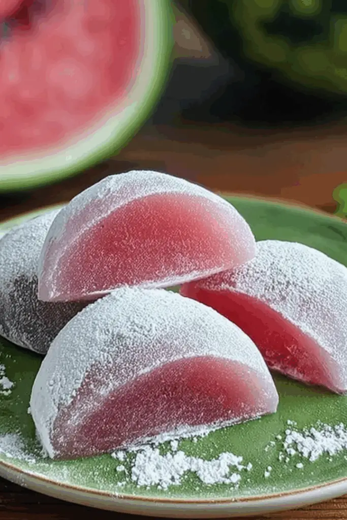 Watermelon Mochi served on a plate, chewy Japanese dessert