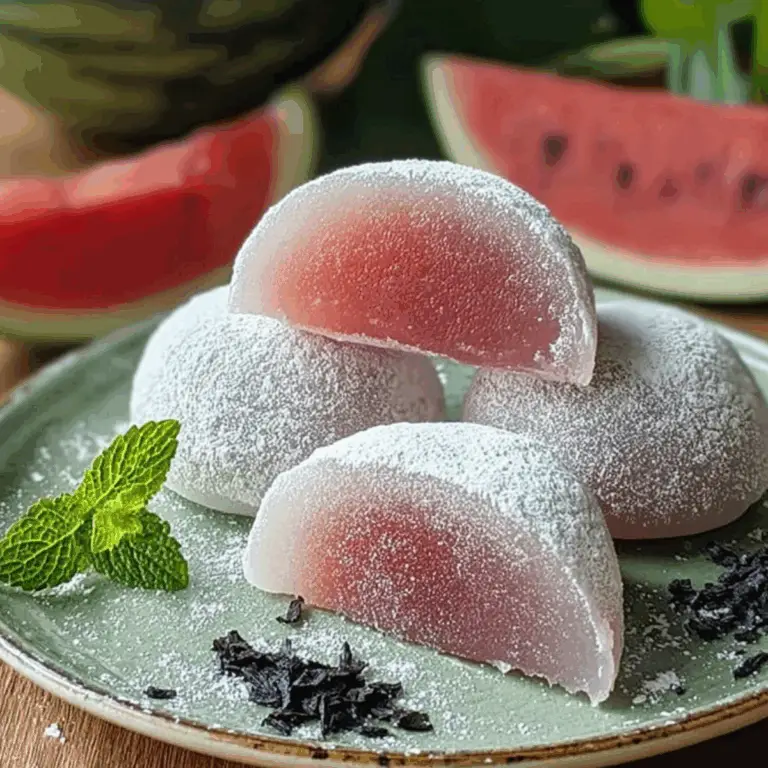 Watermelon Mochi served on a plate, chewy Japanese dessert